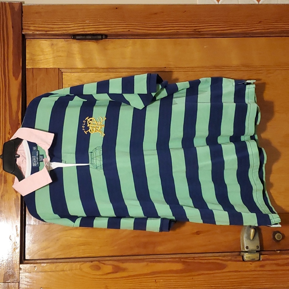 Polo by Ralph Lauren Kelly Green / Navy Rugby Stripe Short Sleeve Pique Shirt